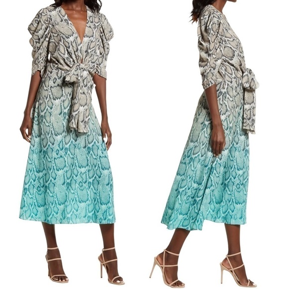 Afrm Ellis Snake Print Dip Dye Front Tie Ombre 3/4” Sleeve Midi Dress NEW Small - Picture 4 of 11